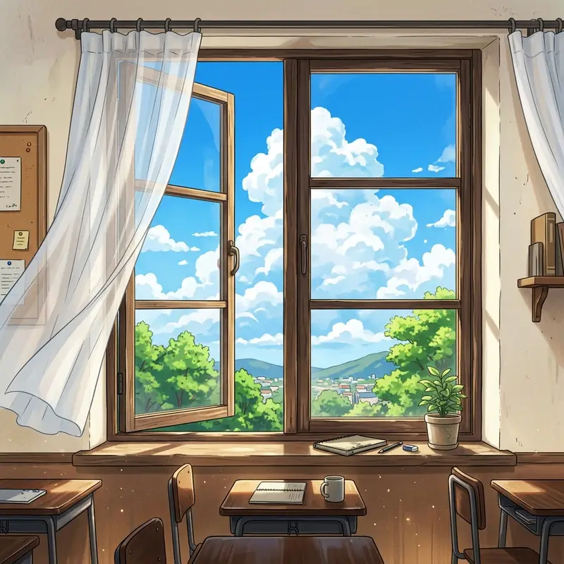 Anime chat room illustration with a school classroom window overlooking a summer sky