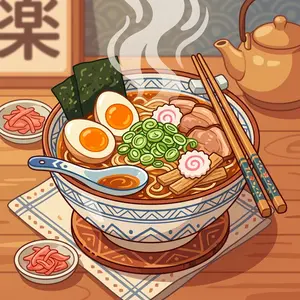 Food chat room illustration of steaming ramen bowl