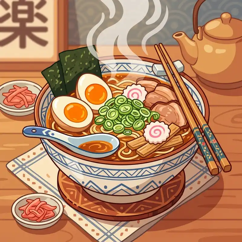Food chat room illustration of steaming ramen bowl