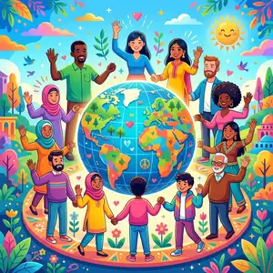 International friendship chat room graphic with diverse group holding hands around the globe