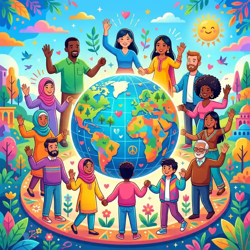 International friendship chat room graphic with diverse group holding hands around the globe