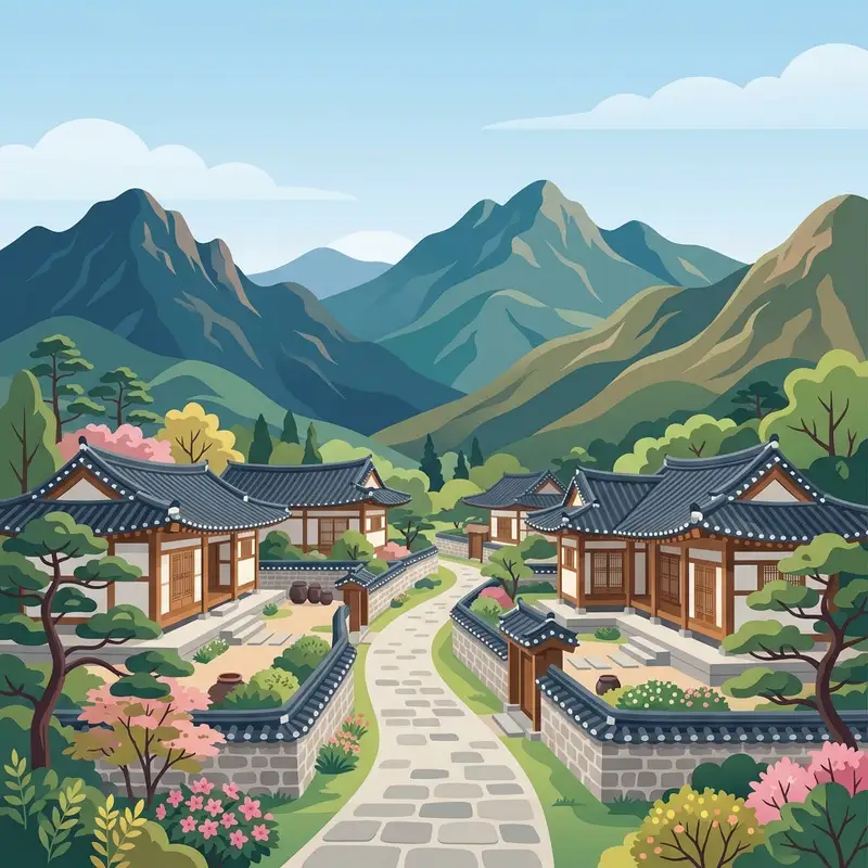 Korea chat room illustration depicting traditional hanok architecture and mountains