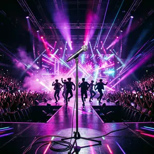 K-pop chat room illustration of a concert stage with neon lights and silhouettes