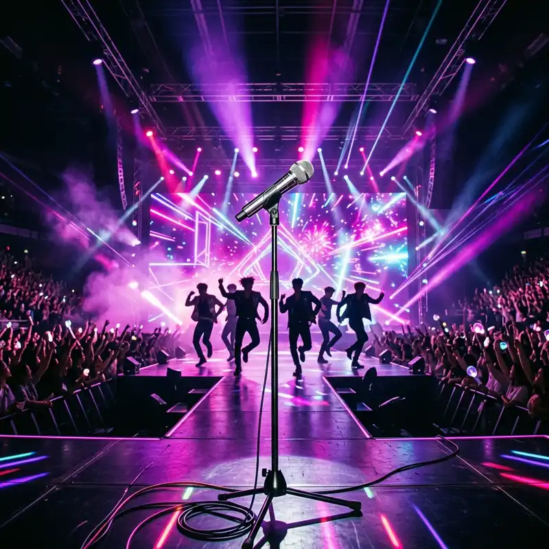 K-pop chat room illustration of a concert stage with neon lights and silhouettes